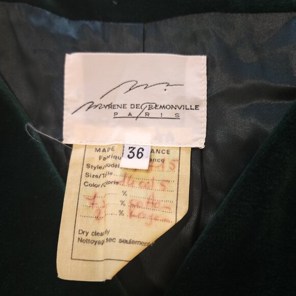Vintage Myrene De Premonville Green Velvet Blazer w Bell Sleeve Feather Cuff XS - Picture 9 of 10